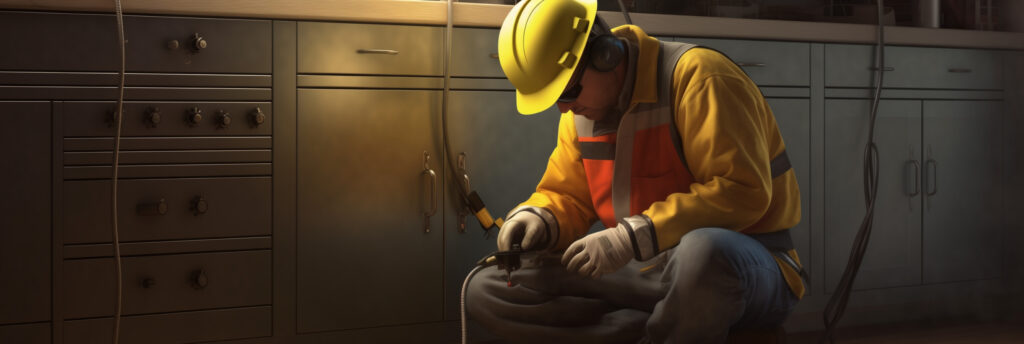 A professional ensuring a safe distance between electrical components and a gas line, adhering to U.S. electrical code standards.