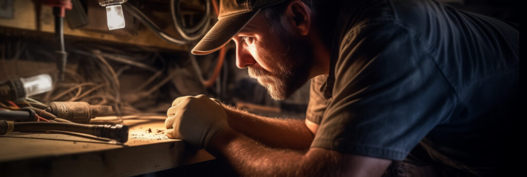 An electrician carefully installing wiring in a crawl space, adhering to U.S. electrical code requirements