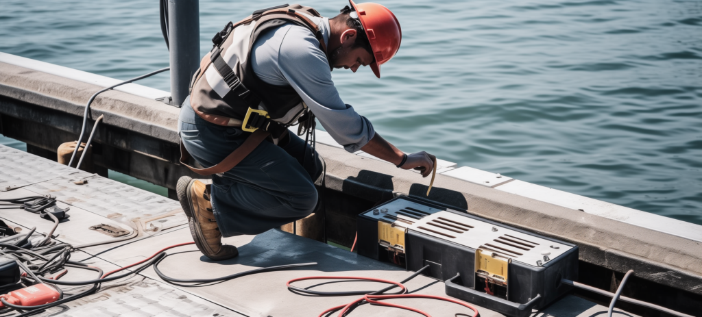 A technician ensuring safe electrical installation on a dock, strictly following U.S. electrical code standards