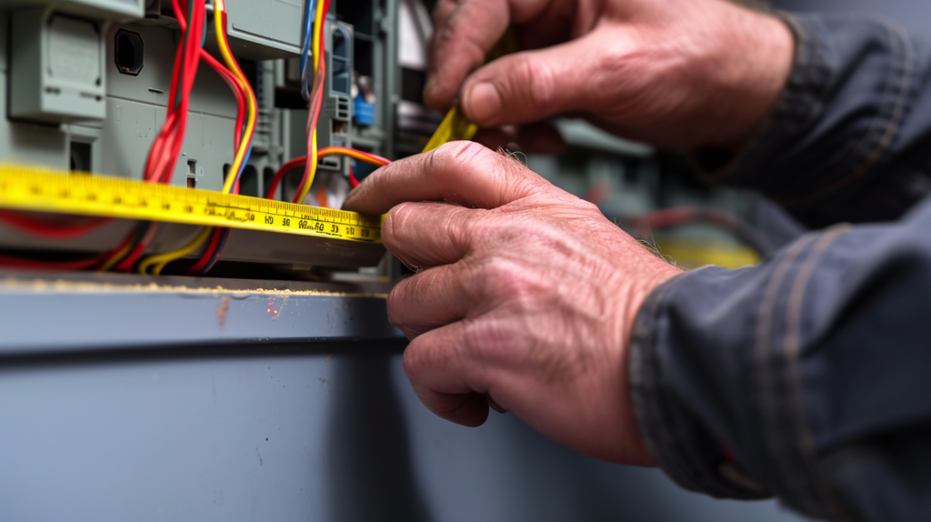 close-up of an electrician's hands measuring and leaving the correct length of wire out of an electrical box