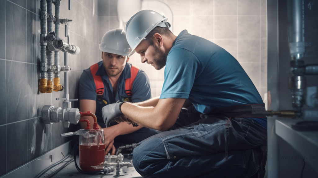 electrician and plumber working together in the bathroom