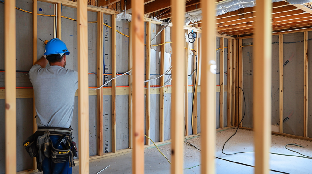 electrician installing wiring through the wooden wall studs