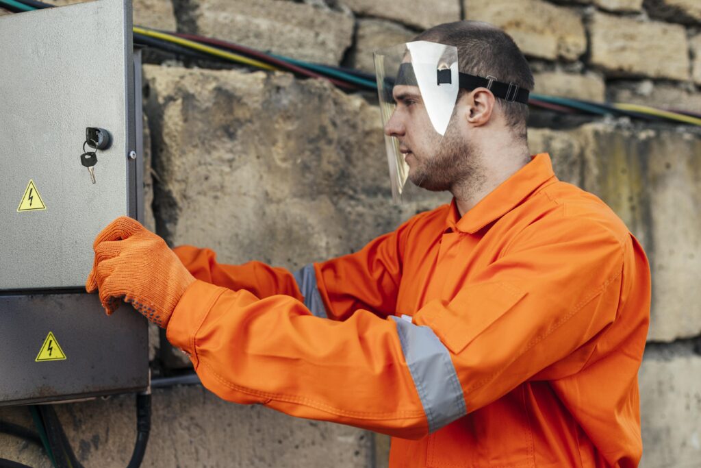 electrician with protective gloves and mask