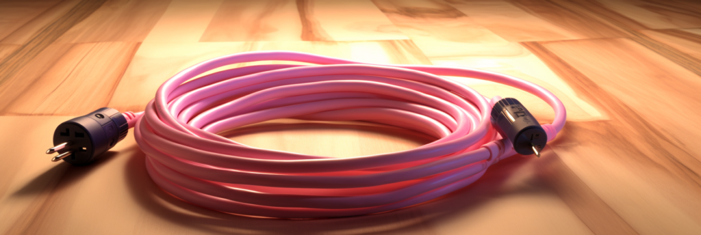pink colored extension cords on the wooden floor