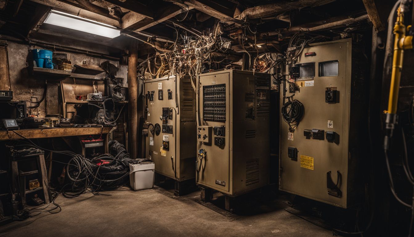 A cluttered basement with an electrical junction box.