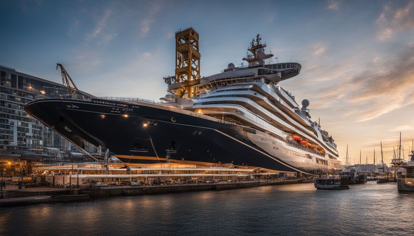 A modern maritime system docked at a bustling port.