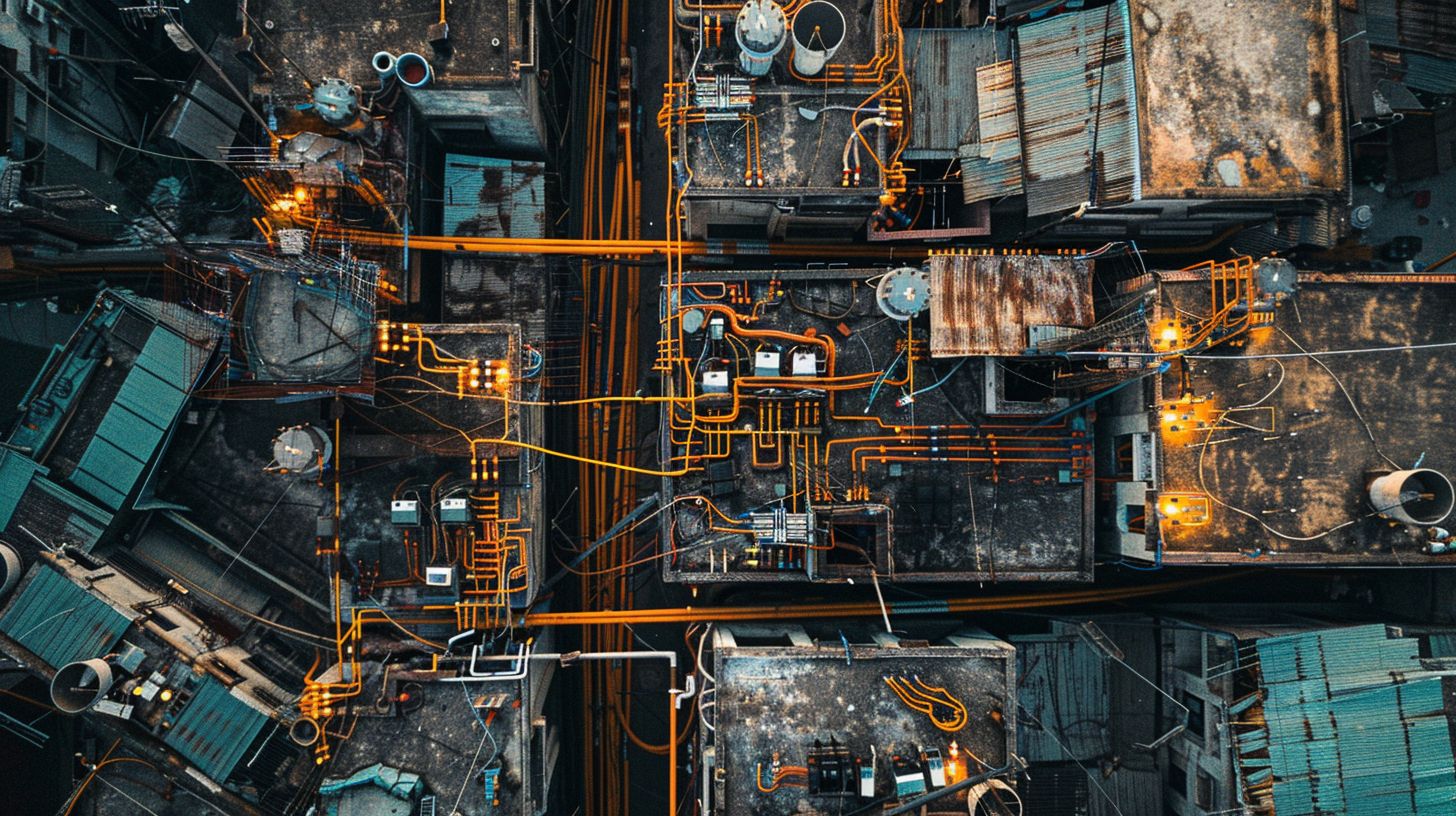 Aerial photo of unconventional electrical installation with exposed junction boxes.