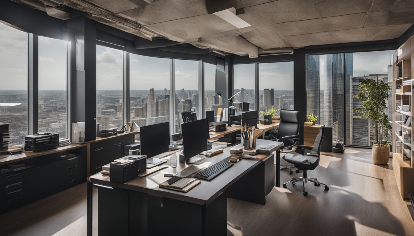 An organized office space with training materials and cityscape photos.