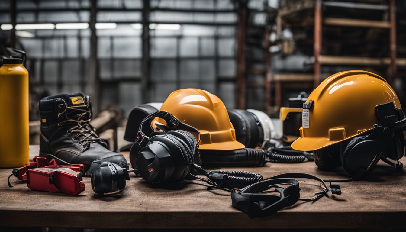 Industrial electrical safety gear and equipment in a bustling work environment.